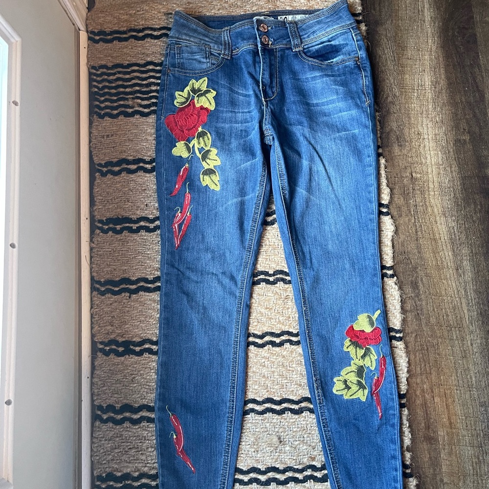 Indigo Rein Blue Skinny Jeans with Red & Green Floral Embroidery - Picture 1 of 6
